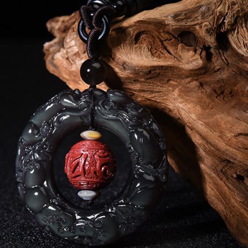 Goforrich FengShui Natural Rainbow Obsidian PiXiu Cinnabar Healing Necklace Pendant