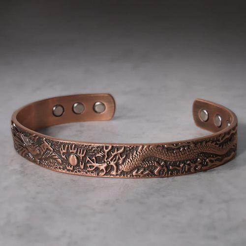 Buddha Stones Dragon Phoenix Magnetic Solid Copper Cuff Bracelet Bangle