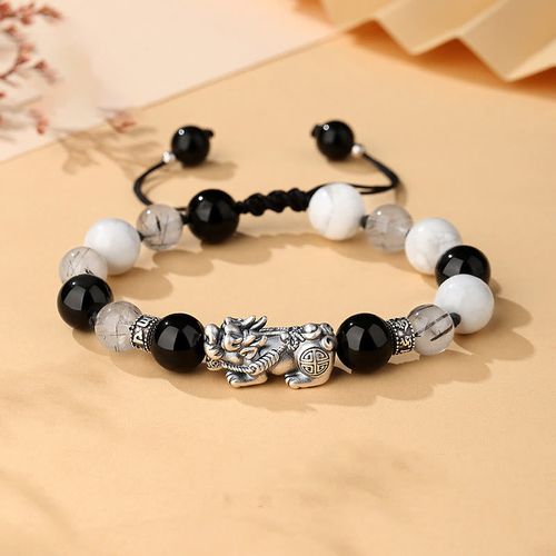 Goforrich Pi Xiu Six True Words 999 Sterling Silver Black Obsidian White Turquoise Chrysoberyl Luck Bracelet