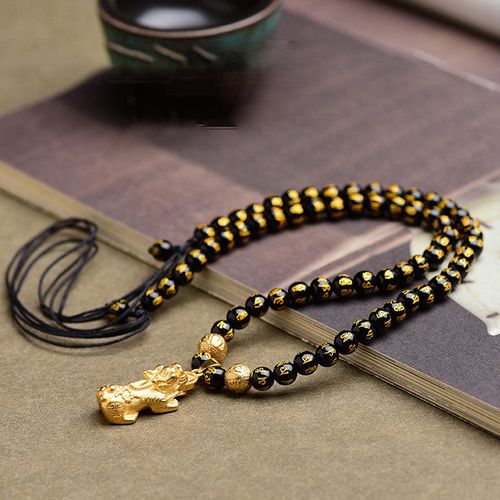 Buddha Stones FengShui Obsidian PiXiu Wealth Necklace