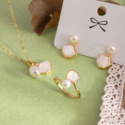 Goforrich Ginkgo Tridacna Stone Pearl Bead Copper Blessing Necklace Pendant Ring Earrings Set