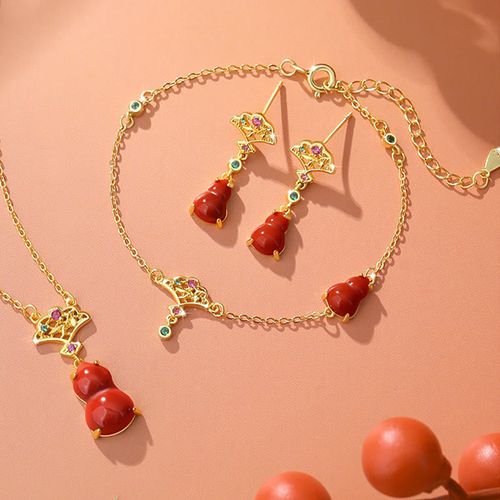 Goforrich 925 Sterling Silver Red Agate Gourd Auspicious Clouds Confidence Bracelet Necklace Pendant Earrings Set