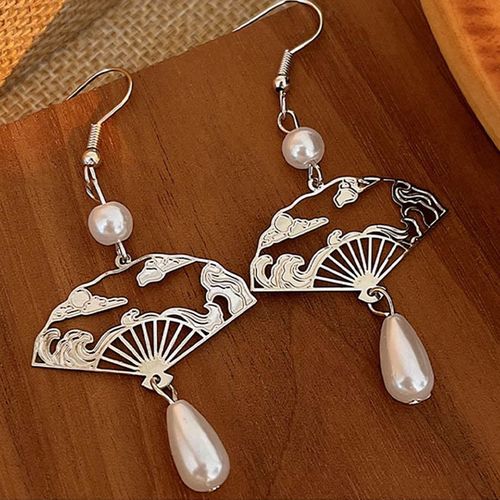 Goforrich Copper Fan Auspicious Clouds Pearl Healing Drop Earrings