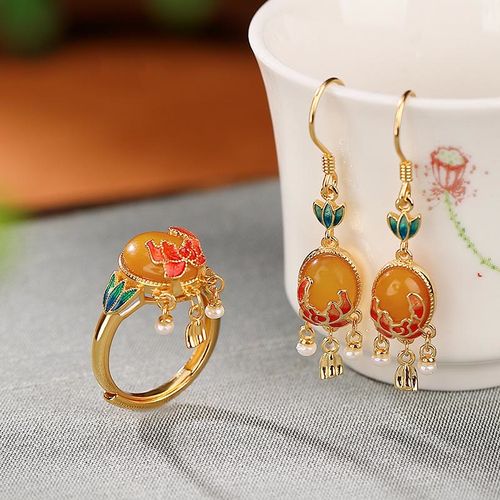 Goforrich 925 Sterling Silver Plated Gold Natural Amber Flower Pearl Confidence Ring Earrings Set