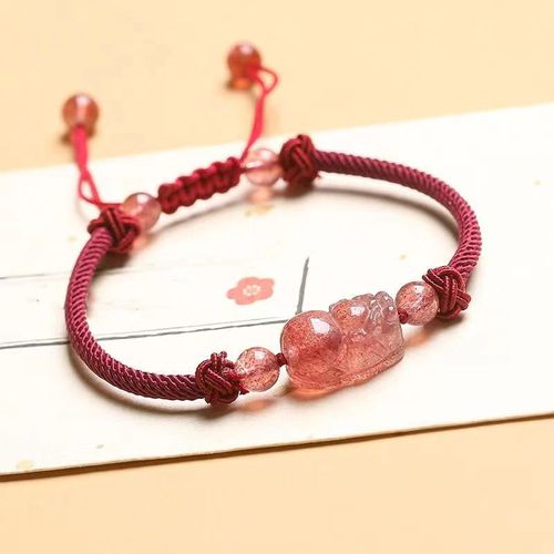 Goforrich Natural Strawberry Quartz PiXiu Red String Braided Protection Bracelet