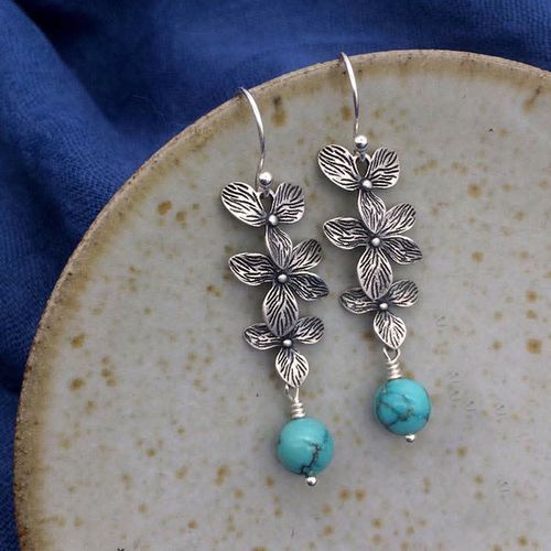 Goforrich 925 Sterling Silver Turquoise Lazurite Flower Leaf Serenity Protection Hook Drop Dangle Earrings