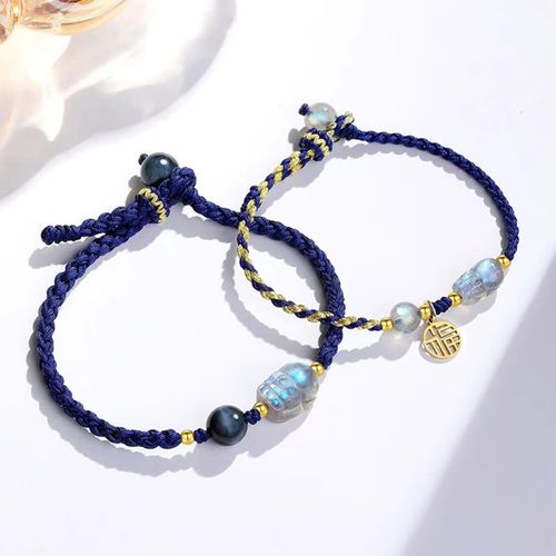 Goforrich Moonstone PiXiu Blue Tiger Eye Fu Character Healing Couple String Bracelet