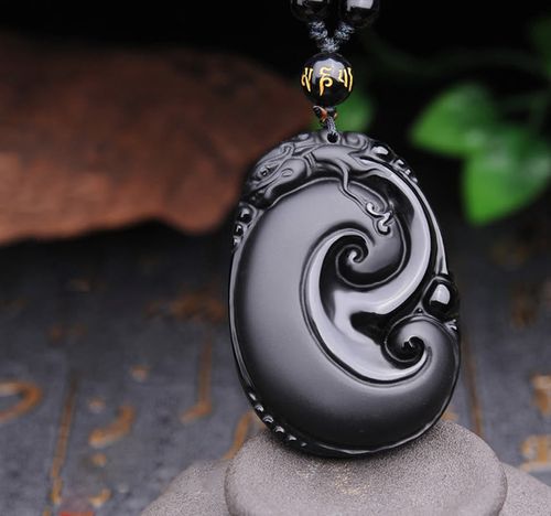 Goforrich Natural Black Obsidian PiXiu Oval Pattern Strength Necklace Pendant