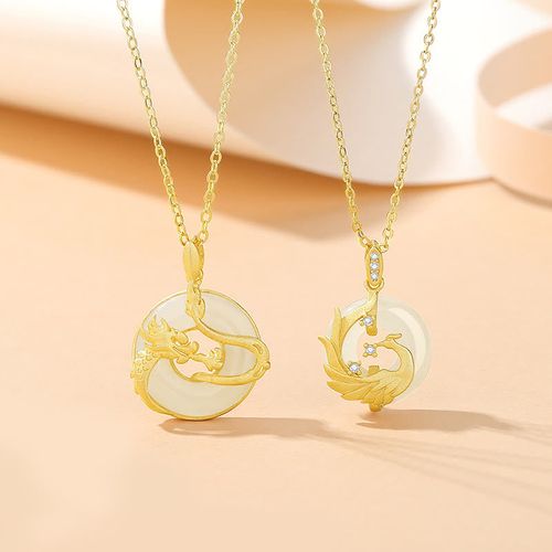 Buddha Stones 925 Sterling Silver Year of the Dragon Hetian Jade Golden Dragon Phoenix Peace Buckle Luck Necklace Pendant