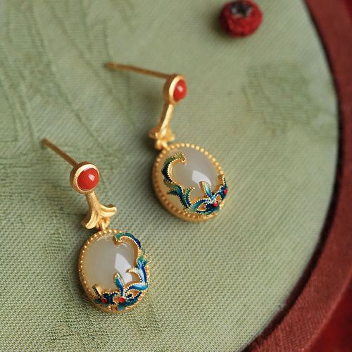 Goforrich Vintage Jade Red Agate Abundance Copper Drop Earrings