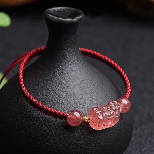 Goforrich Natural Strawberry Quartz PiXiu Lucky Red String Bracelet