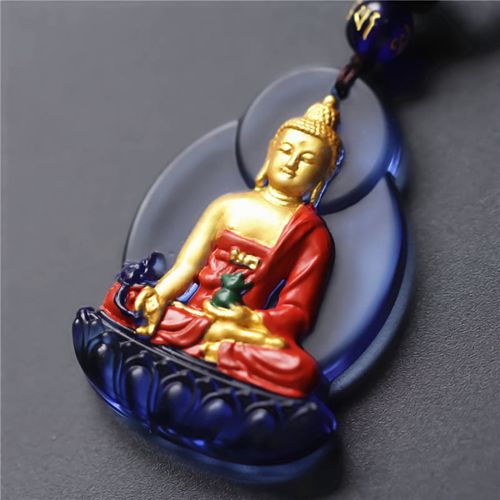 Buddha Stones Tibet Medicine Buddha Liuli Crystal Compassion Necklace Pendant