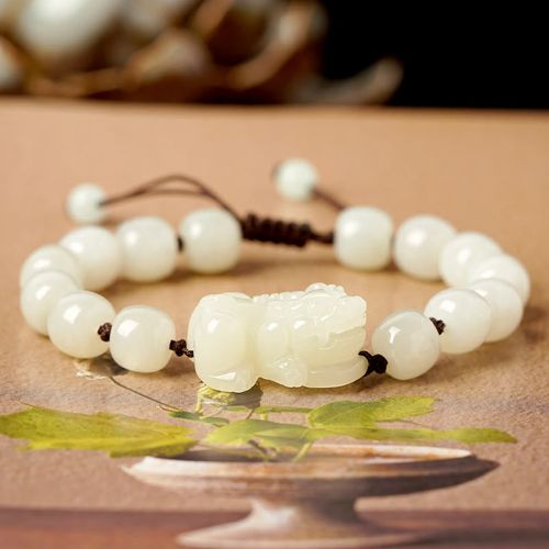 Goforrich Natural Hetian White Jade PiXiu Wealth String Bracelet