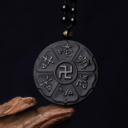 Buddha Stones Natural Black Obsidian Tibetan Om Mani Padme Hum Buddha Swastika Luck Necklace Pendant