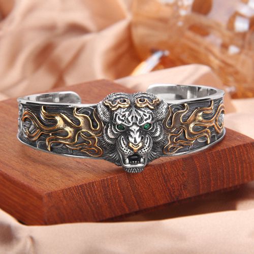 Buddha Stones 925 Sterling Silver Chinese Zodiac Tiger Keep Away Evil Spirits Bracelet Bangle