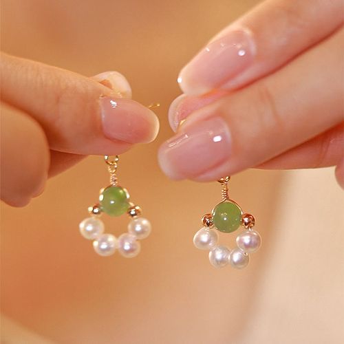 Goforrich Cyan Jade Pearl Bead Luck Drop Earrings