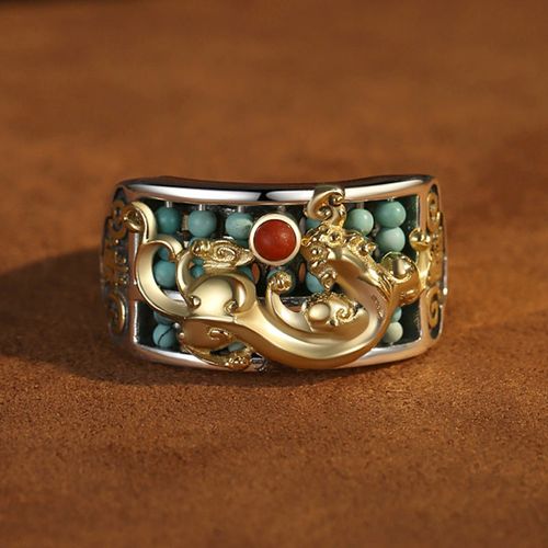 Goforrich 925 Sterling Silver Turquoise Red Agate PiXiu Abacus Protection Ring