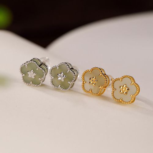 Goforrich 925 Sterling Silver Hetian Jade Plum Flower Luck Stud Earrings