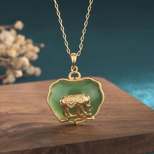 Buddha Stones Natural Jade Elephant Healing Necklace Pendant