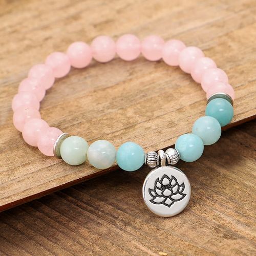 Buddha Stones Natural Pink Crystal Amazonite Lotus Buddha OM Symbol Warmth Bracelet