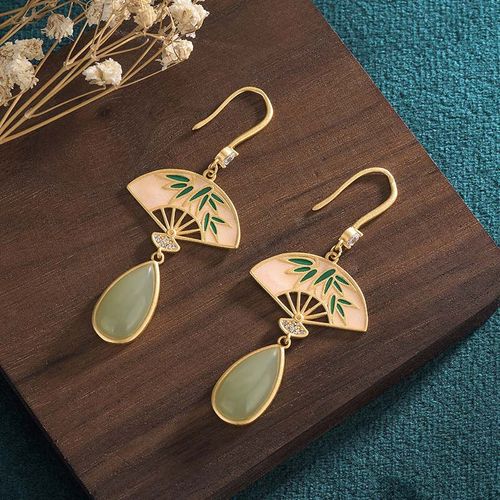 Goforrich Natural Green Aventurine Fan Pattern Luck Drop Earrings