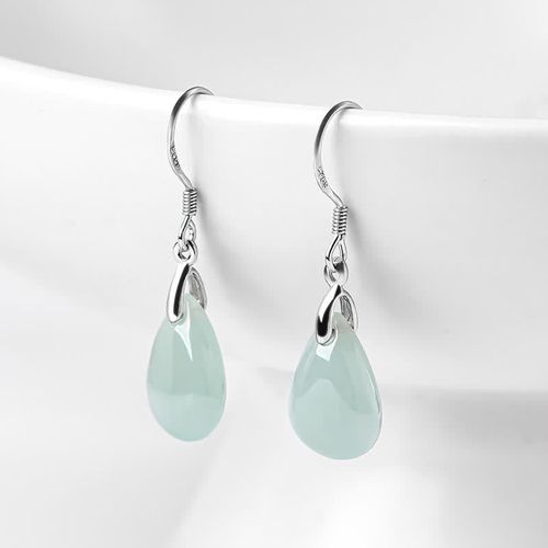 Goforrich 925 Sterling Silver Jade Water Drop Pattern Luck Prosperity Dangle Earrings