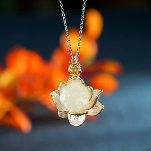 Buddha Stones White Jade Lotus Flower Happiness Necklace