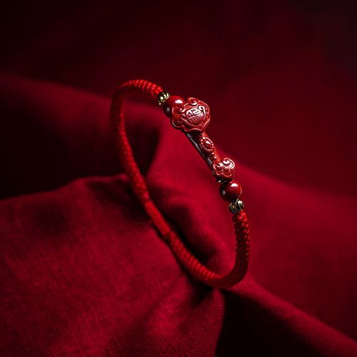 Goforrich Handmade Cinnabar Ruyi Handle Fu Character PiXiu Blessing Red String Braided Bracelet