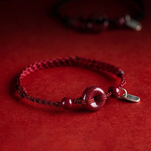 Buddha Stones Handmade Cinnabar Peace Buckle Safe and Healthy Charm Blessing String Bracelet Anklet