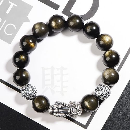 Goforrich 925 Sterling Silver Natural Gold Sheen Obsidian PiXiu Wealth Protection Bracelet