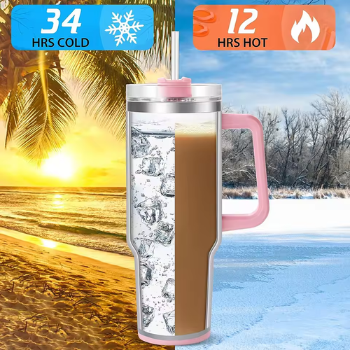 🔥❄️ 40oz Pink Tumbler 34H Cold + 12H Hot | Reusable Insulated Water Bottle with Handle & Straw