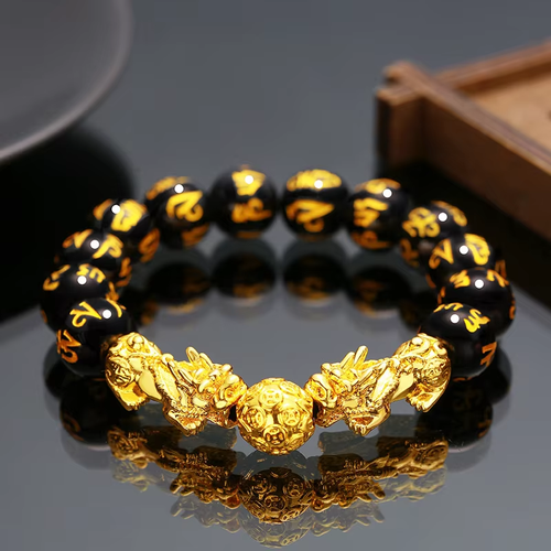 Wholesale Unisex Lucky Bracelet Gold Dragon Crystal Black Agate Beads Fashion Gemstone Jewelry