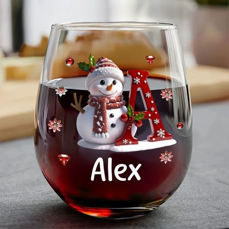 Schneemann-Weihnachtsgruß für Familie und Freunde – personalisiertes, stieloses Weinglas