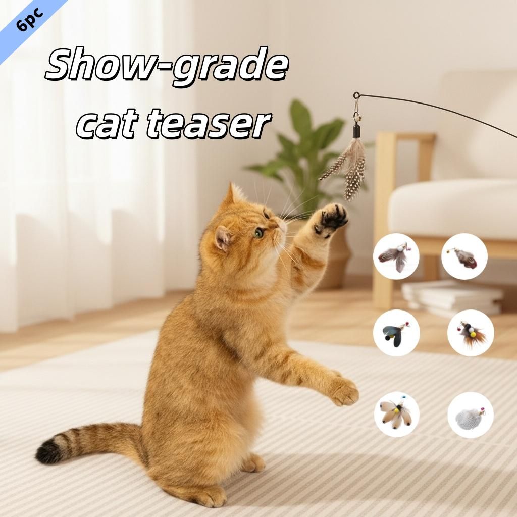 Pet Gift Set, Six-Piece Replaceable Insect Head Accessories with Bell Feathers, Suitable for Indoor Cat Play and Exercise, Release Cat Nature
