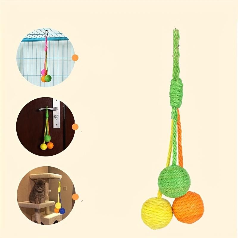 Hanging tricolor cat toy, rope ball, teeth and paw chew toy, with built in rattle. Beautiful and exciting for your cat.