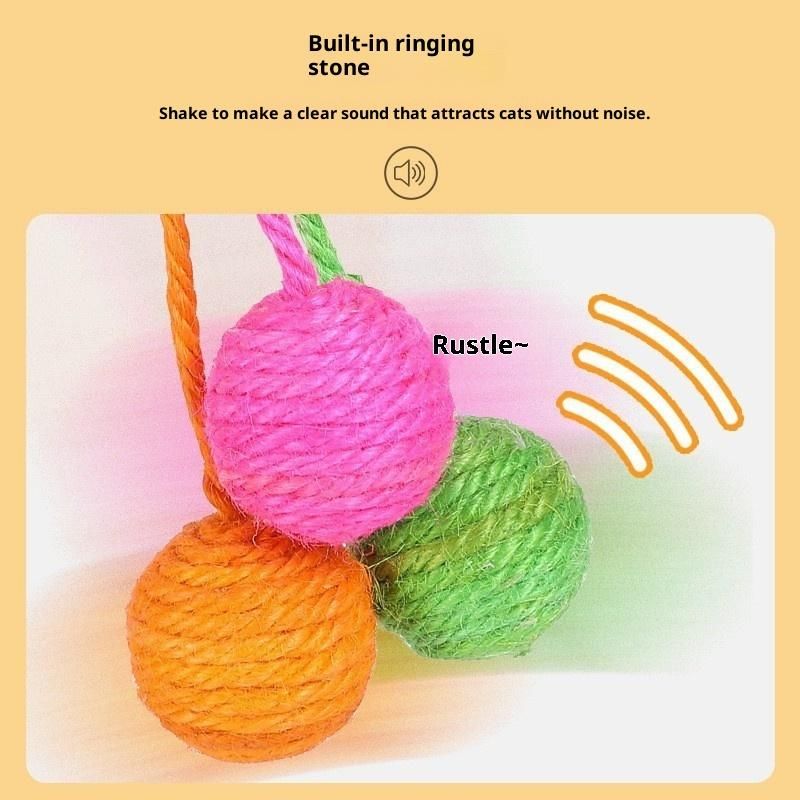 Hanging tricolor cat toy, rope ball, teeth and paw chew toy, with built in rattle. Beautiful and exciting for your cat.