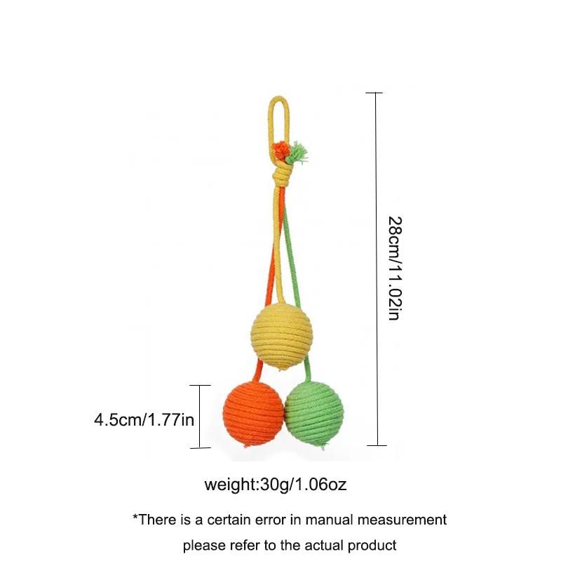 Hanging tricolor cat toy, rope ball, teeth and paw chew toy, with built in rattle. Beautiful and exciting for your cat.