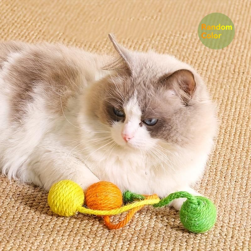 Hanging tricolor cat toy, rope ball, teeth and paw chew toy, with built in rattle. Beautiful and exciting for your cat.