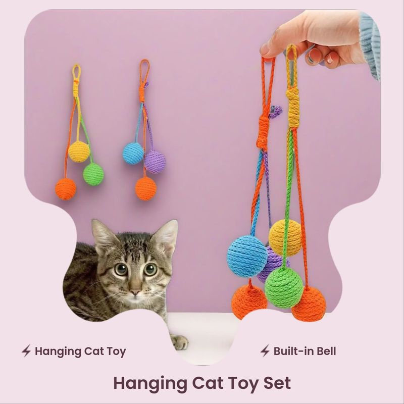 Hanging tricolor cat toy, rope ball, teeth and paw chew toy, with built in rattle. Beautiful and exciting for your cat.
