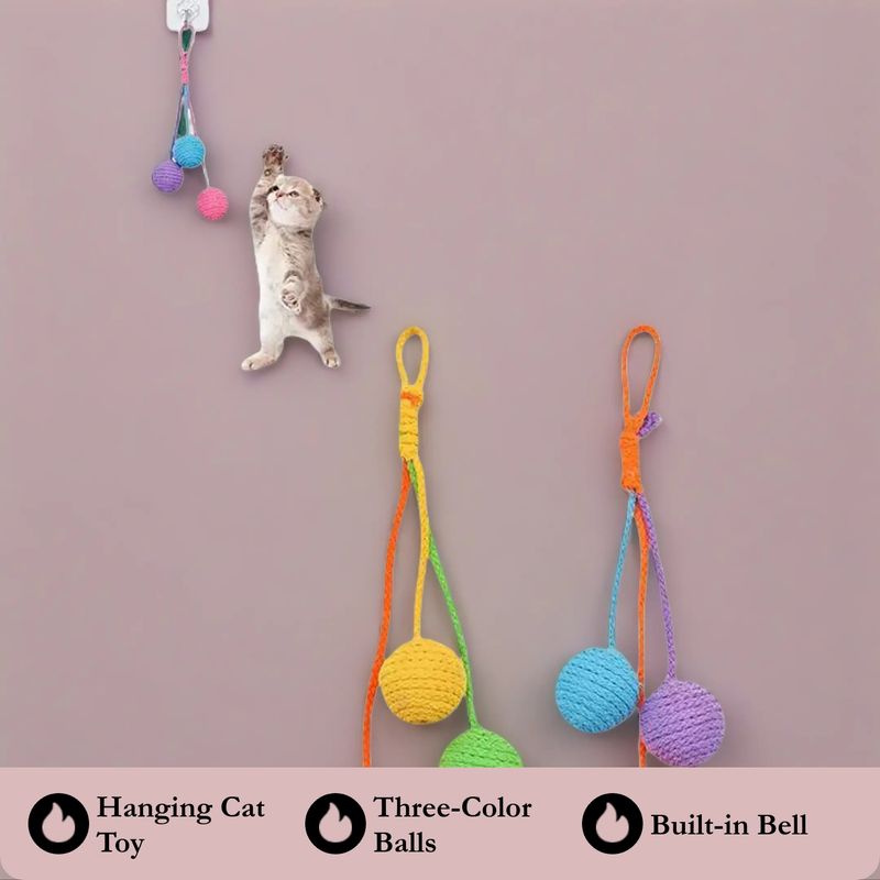 Hanging tricolor cat toy, rope ball, teeth and paw chew toy, with built in rattle. Beautiful and exciting for your cat.