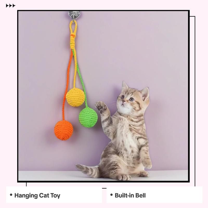 Hanging tricolor cat toy, rope ball, teeth and paw chew toy, with built in rattle. Beautiful and exciting for your cat.