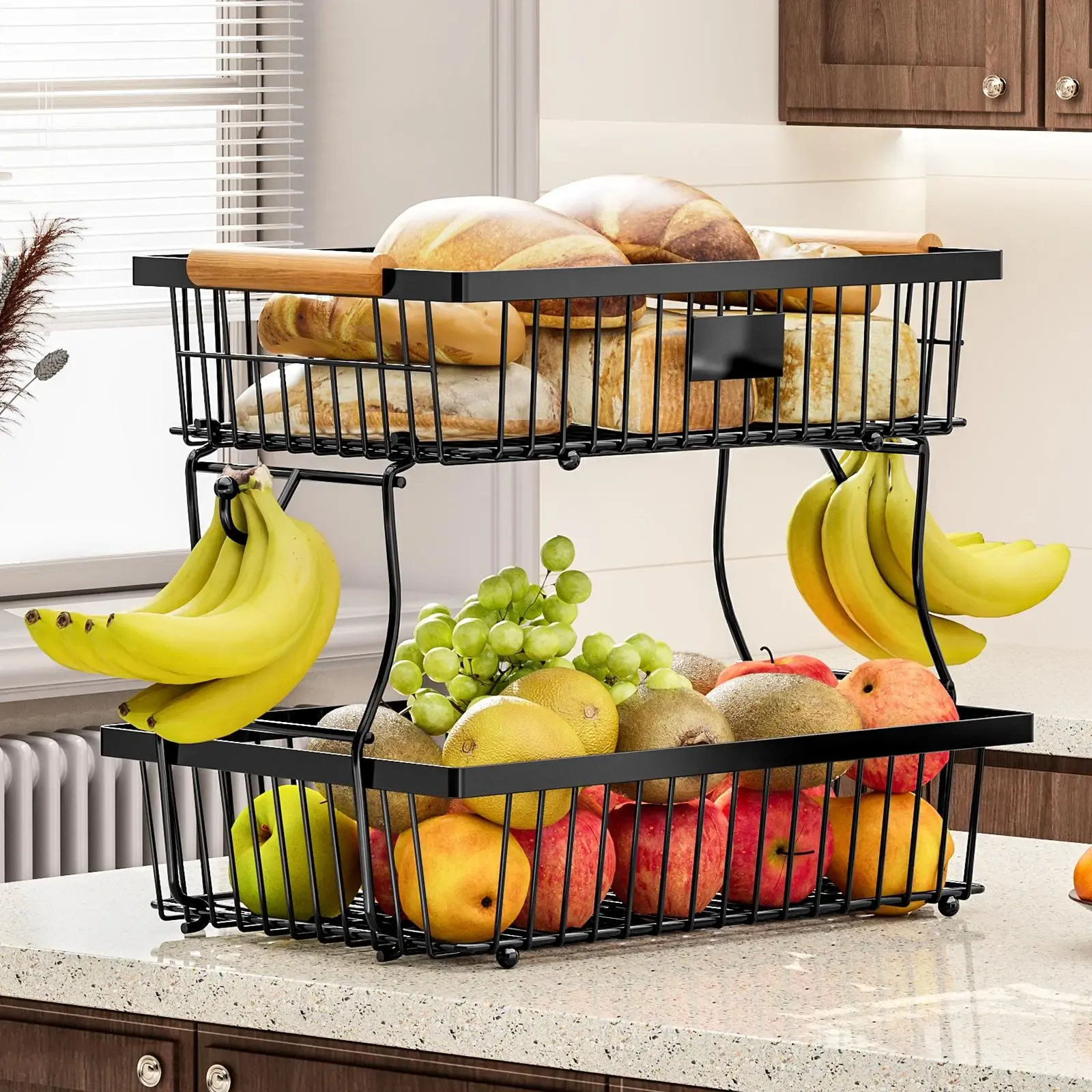 Kitchen Fruit and Vegetable Storage Rack2-Tier Metal Storage Basket with Hooks Fruit Basket for Kitchen Counter, Multifunctional Household Organiser Interior Storage Organizer Storage Rack for Kitchen and Bathroom GLOBAL PICKS