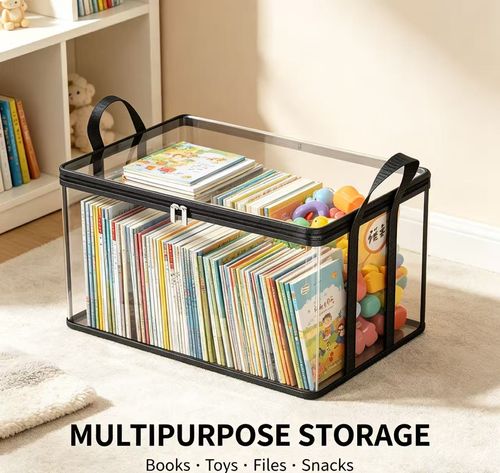 4 Pack Transparent Foldable Storage Box with Handle, Clear Book & File Organizer Bin