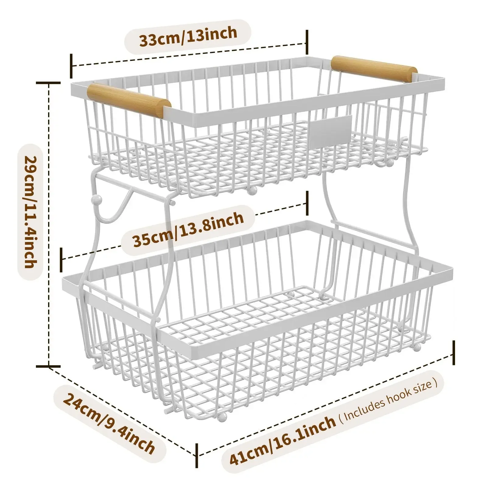 Kitchen Fruit and Vegetable Storage Rack2-Tier Metal Storage Basket with Hooks Fruit Basket for Kitchen Counter, Multifunctional Household Organiser Interior Storage Organizer Storage Rack for Kitchen and Bathroom GLOBAL PICKS