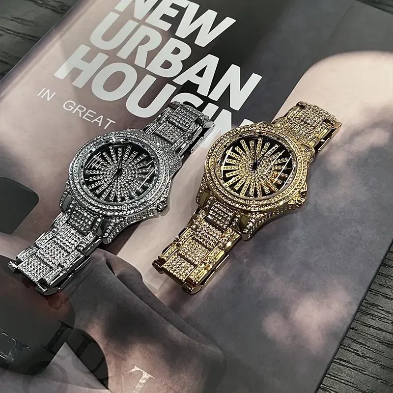 Men's Diamond - Encrusted Gold Watch, Business Quartz Chronograph with RotatingDiamond Dial, Sparkling Effect, WaterResistant, Party Daily Wear Birthday Gift (With Box)