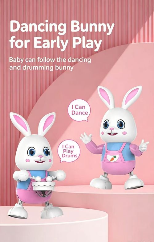 Cute Dancing Drumming Rabbit Toy! 20 Kids Songs, Colorful Lights, Swing & Dance. Lights can be turned off, eye-friendly for babies!