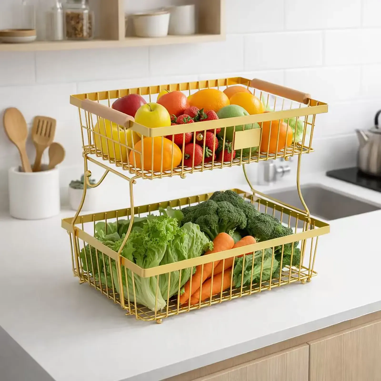 Kitchen Fruit and Vegetable Storage Rack2-Tier Metal Storage Basket with Hooks Fruit Basket for Kitchen Counter, Multifunctional Household Organiser Interior Storage Organizer Storage Rack for Kitchen and Bathroom GLOBAL PICKS