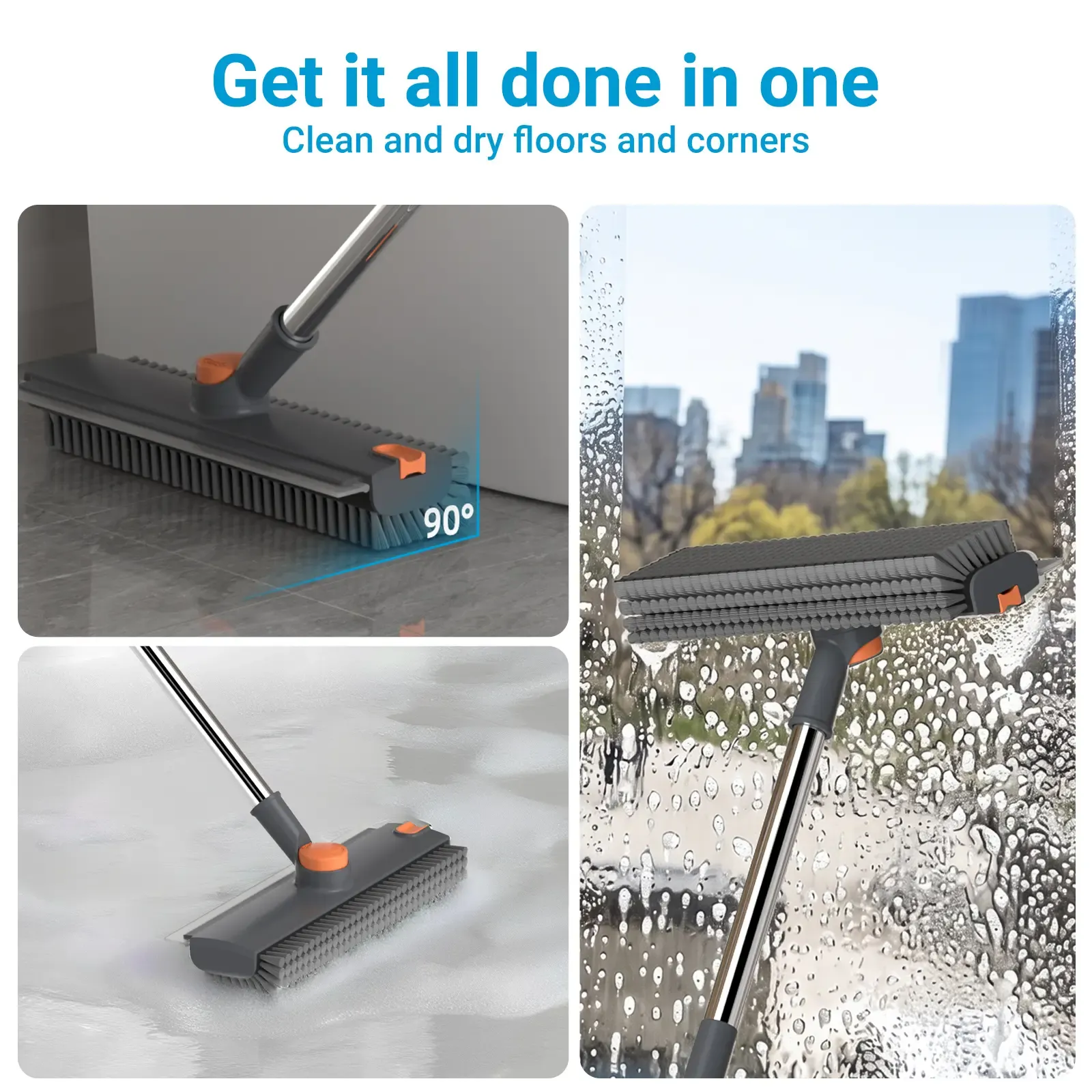 Heavy Duty 4-in-1 Rotatable Long Handle Floor Scrub Brush with Squeegee Blade - Adjustable Stainless Steel Handle, 360° Bristles, Smooth Multi-Surface House Cleaning Tool for Tile, Glass - Home Supplies