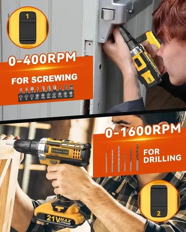 Cordless Drill Tool Set 21V Electric Power Drill with 2×2.0Ah Lithium-Ion Battery and Charger, 2-Speed Portable DIY & Home Toolbox Kit , Holiday gifts