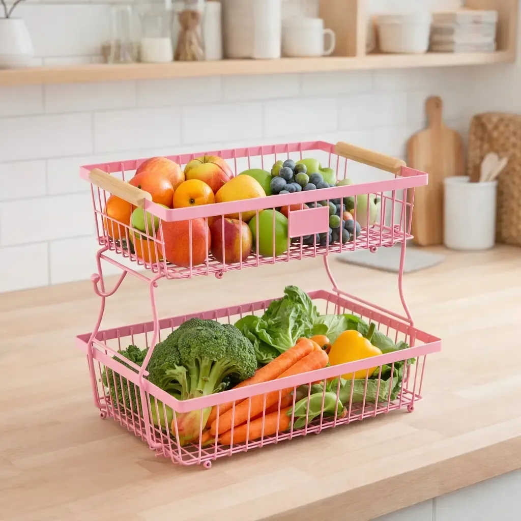 Kitchen Fruit and Vegetable Storage Rack2-Tier Metal Storage Basket with Hooks Fruit Basket for Kitchen Counter, Multifunctional Household Organiser Interior Storage Organizer Storage Rack for Kitchen and Bathroom GLOBAL PICKS